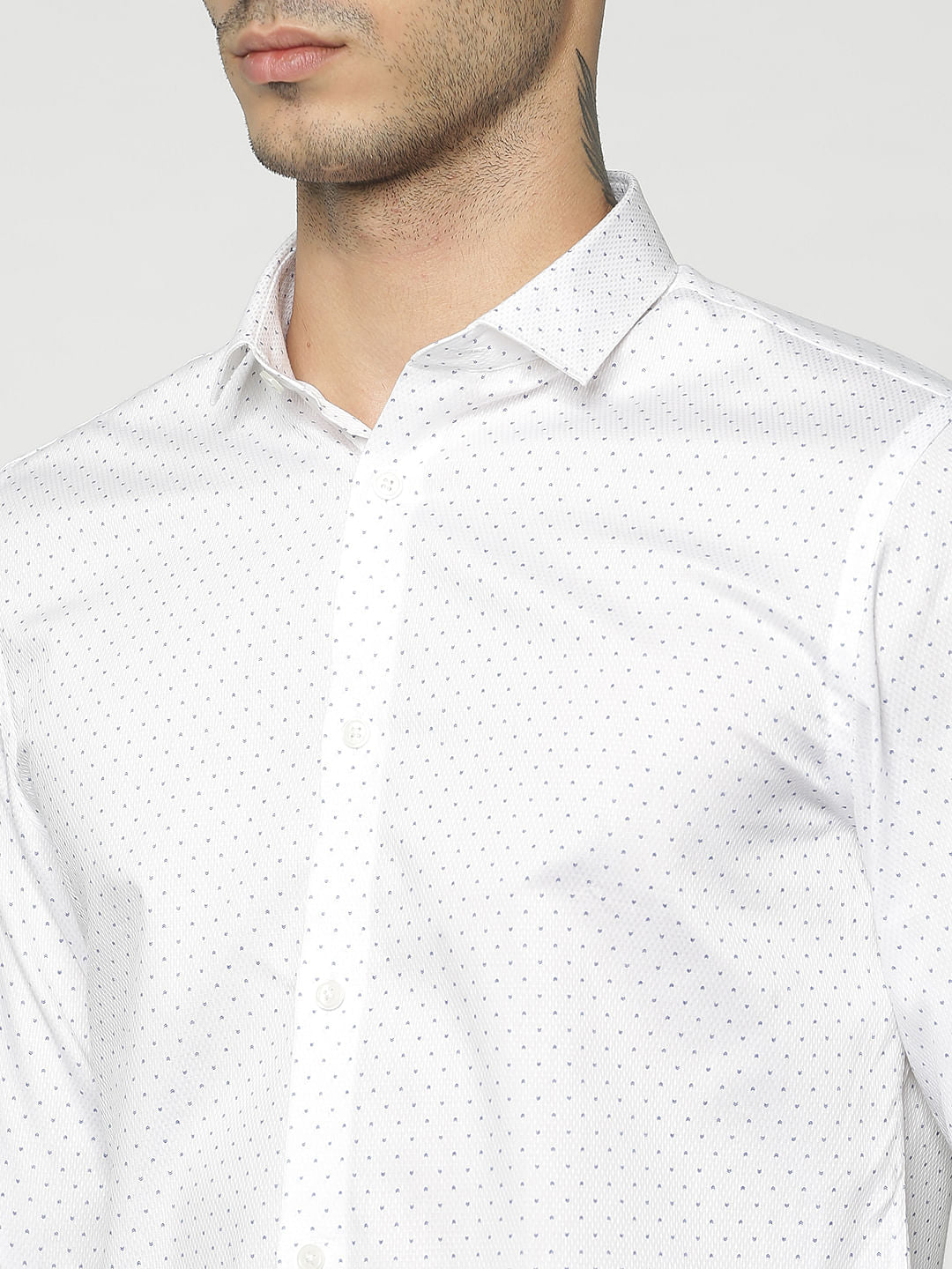 White All Over Dotted Print Slim Fit Full Sleeves Shirt