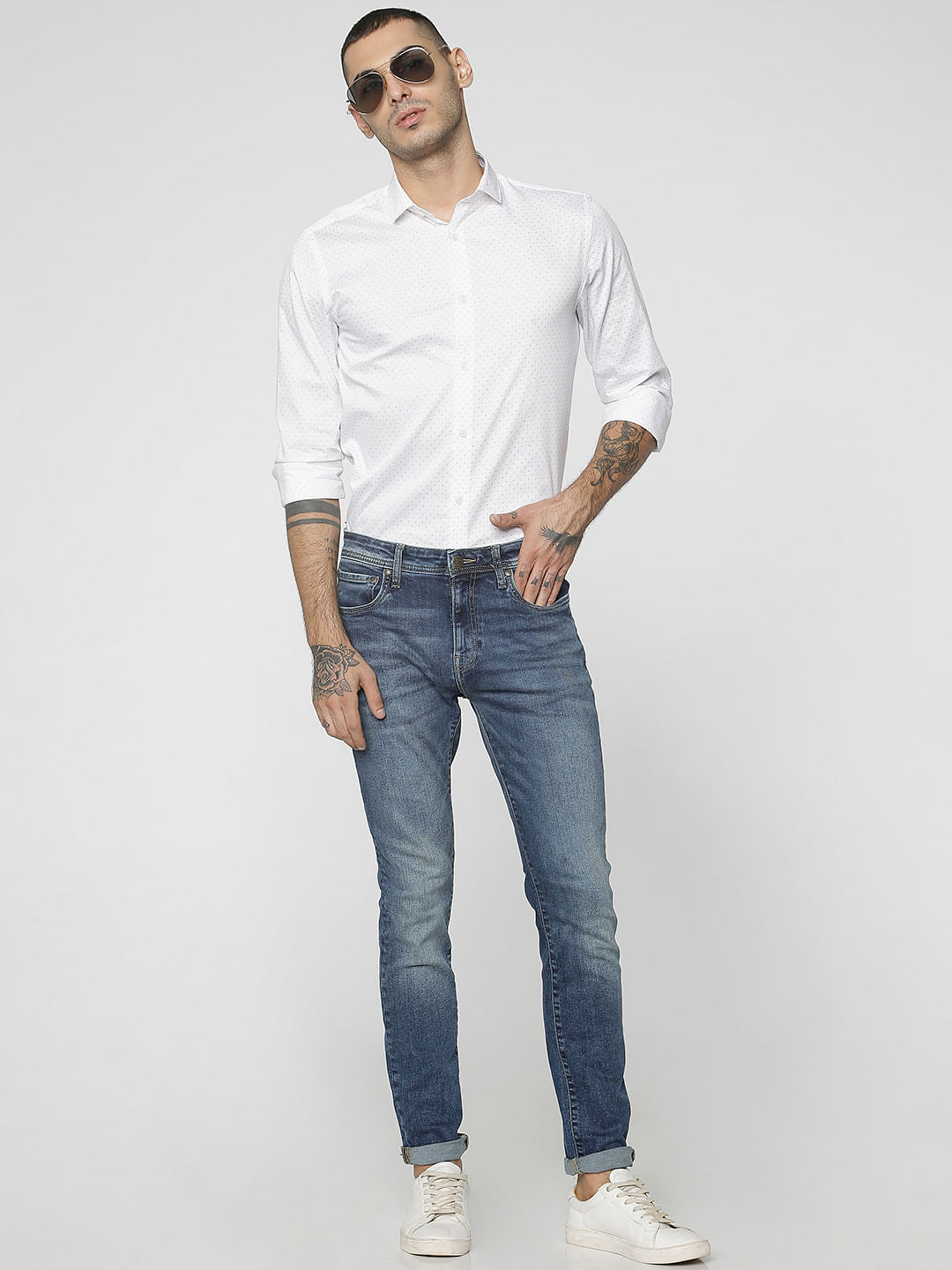 White All Over Dotted Print Slim Fit Full Sleeves Shirt