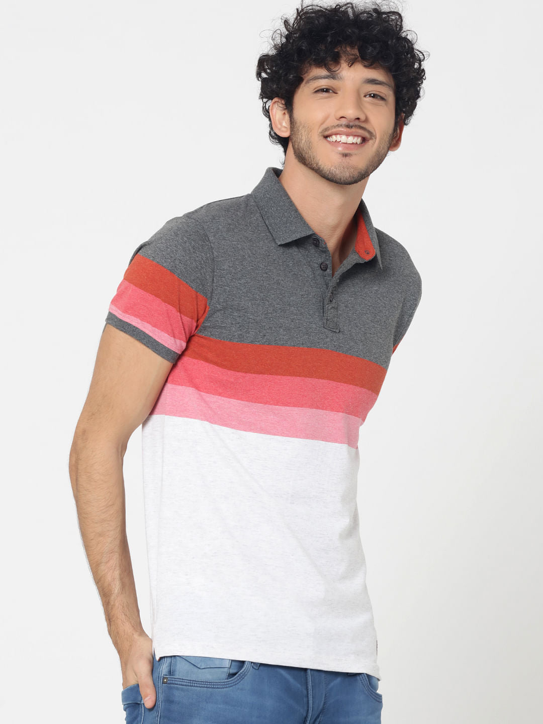 Grey Colourblocked Polo T-Shirt