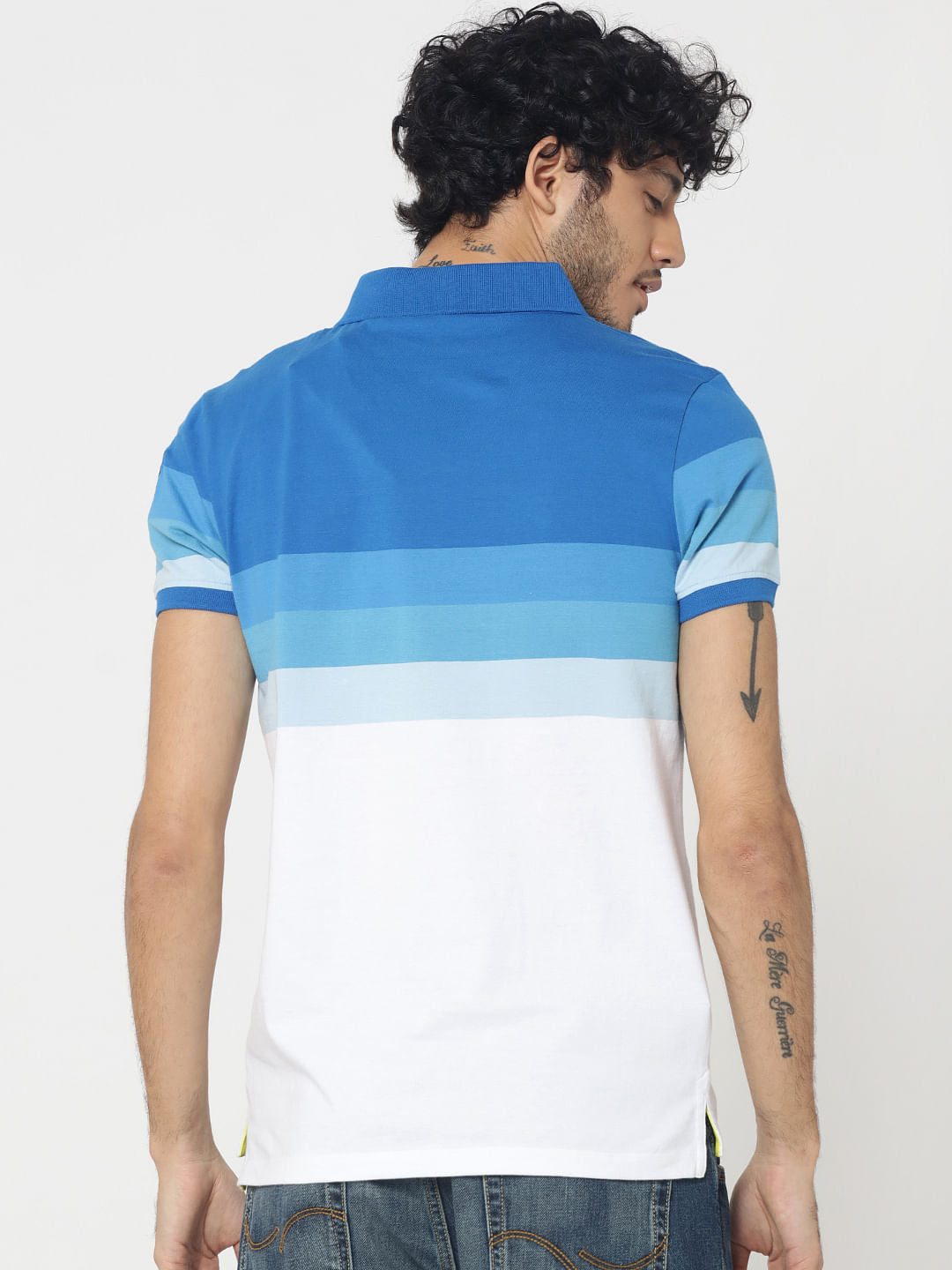 Blue Colourblocked Embroidered Detail Polo T-Shirt