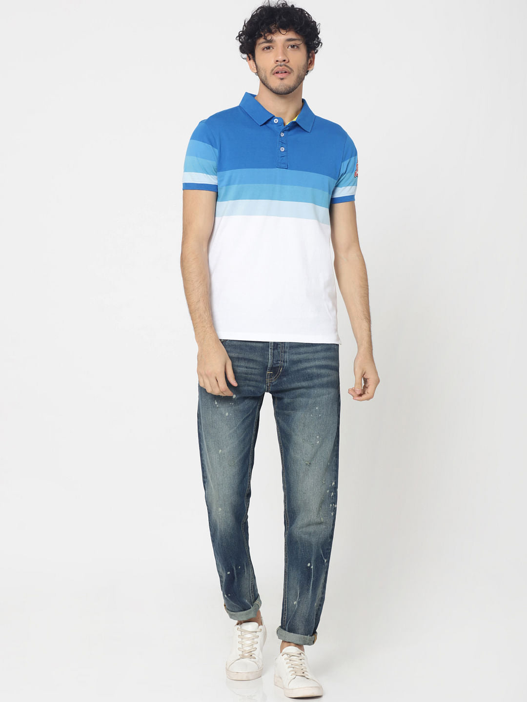 Blue Colourblocked Embroidered Detail Polo T-Shirt