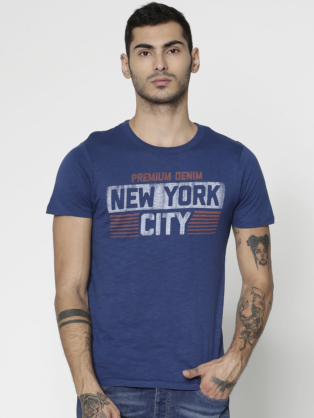 Blue Text Print Slim Fit Crew Neck T-Shirt