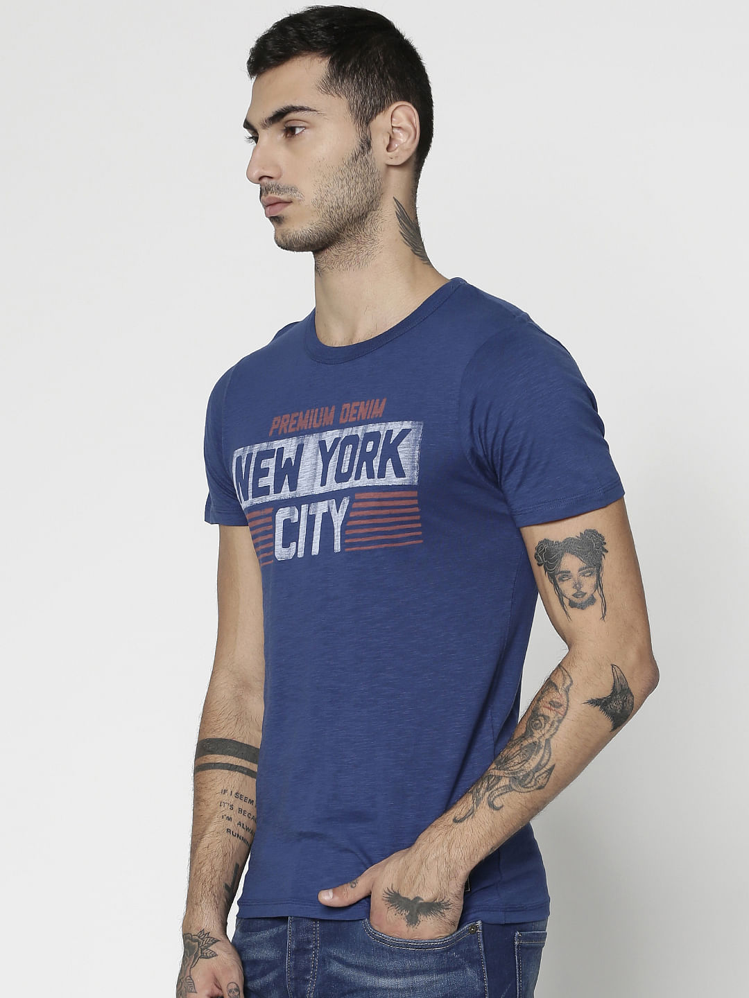 Blue Text Print Slim Fit Crew Neck T-Shirt