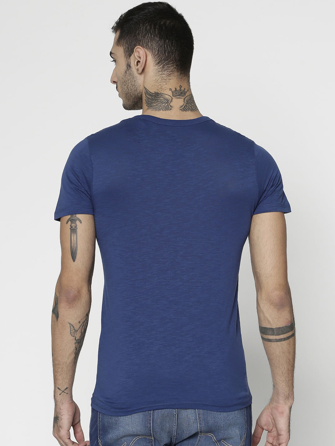 Blue Text Print Slim Fit Crew Neck T-Shirt