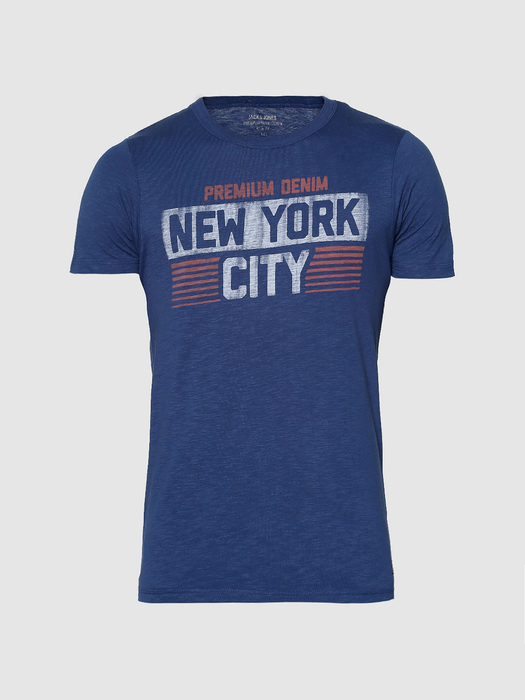 Blue Text Print Slim Fit Crew Neck T-Shirt
