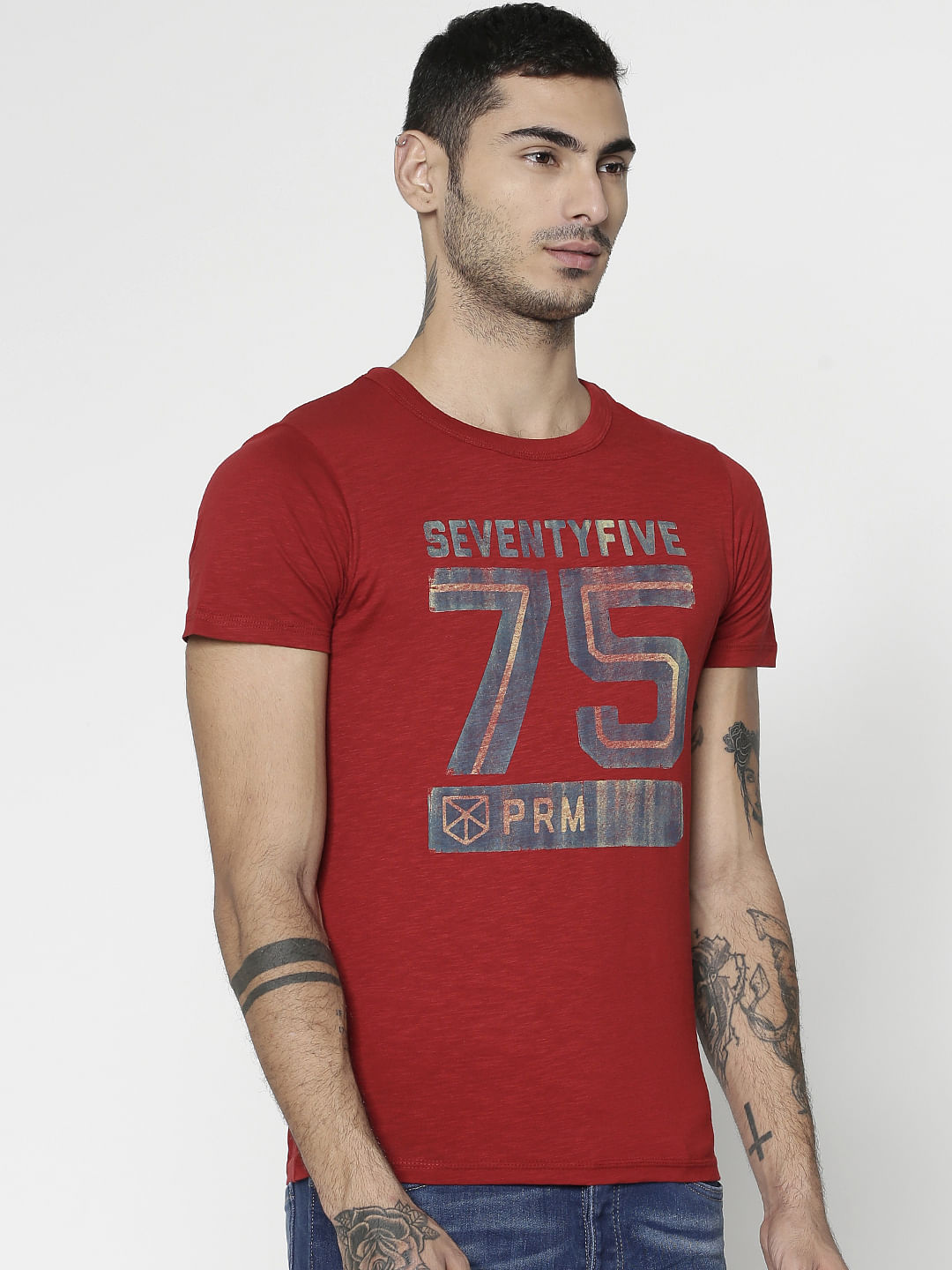 Red Text Print Slim Fit Crew Neck T-Shirt