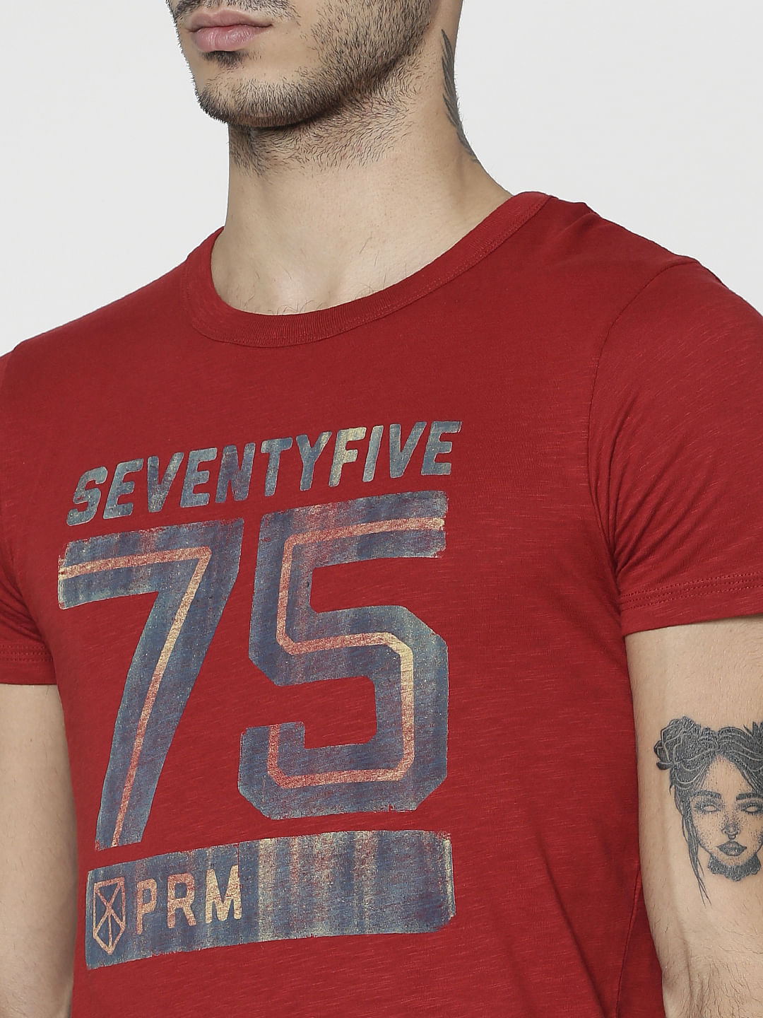 Red Text Print Slim Fit Crew Neck T-Shirt