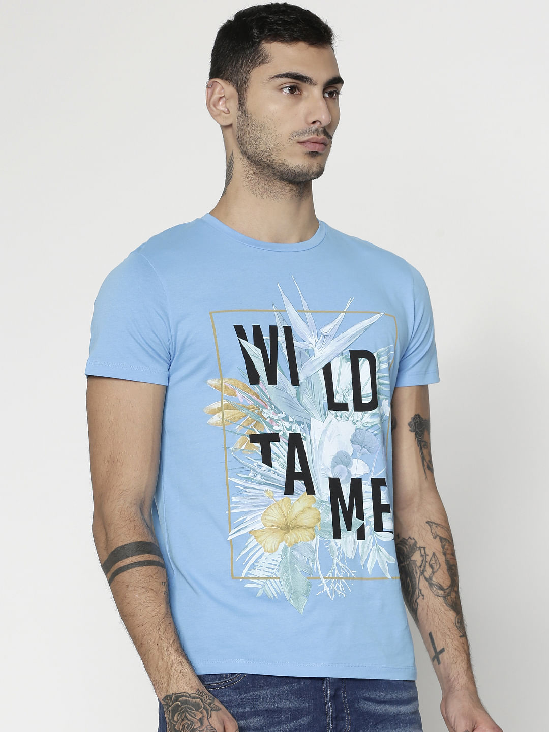 Blue Graphic Print Slim Fit Crew Neck T-Shirt