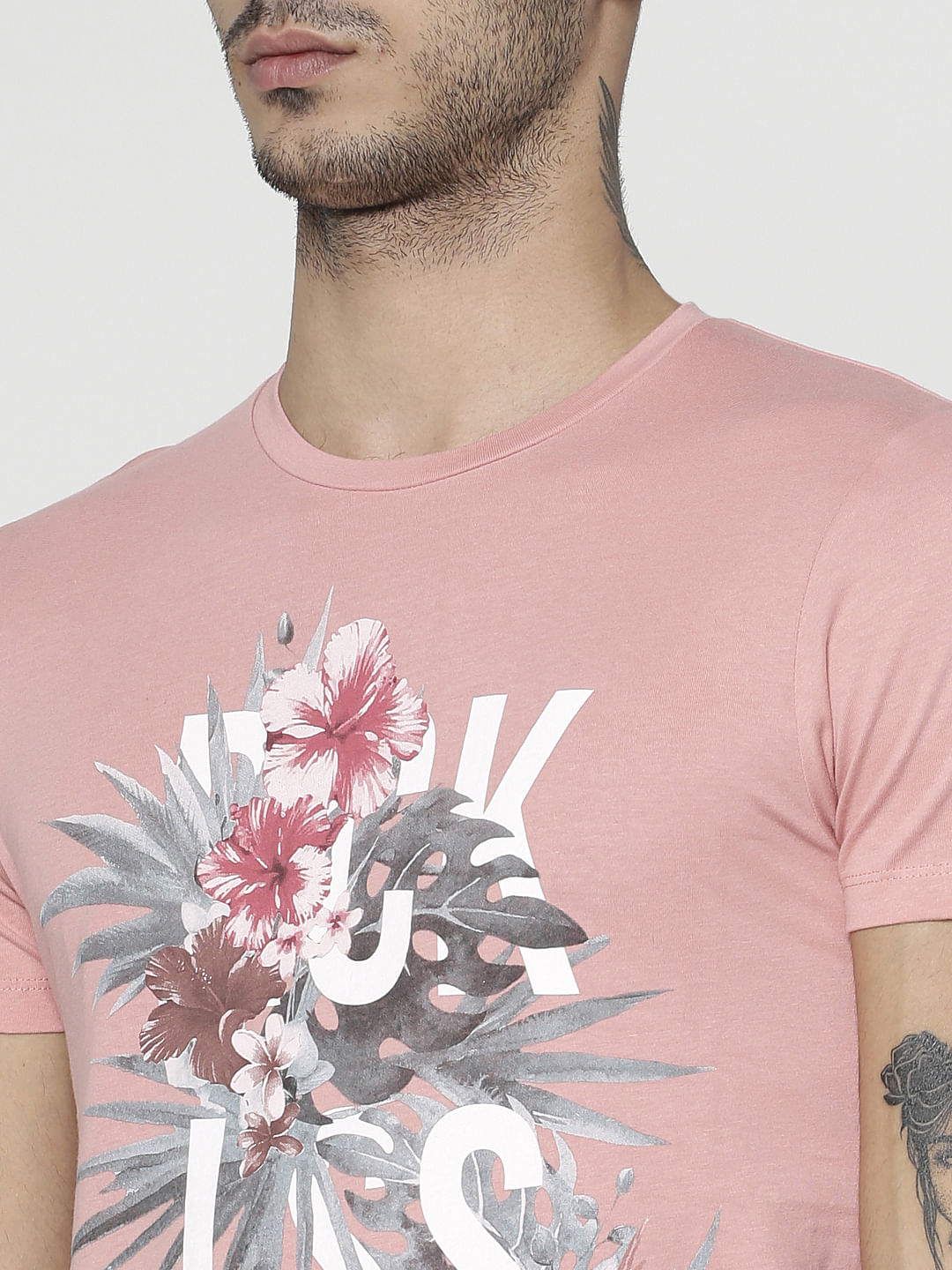 Pink Graphic Print Slim Fit Crew Neck T-Shirt