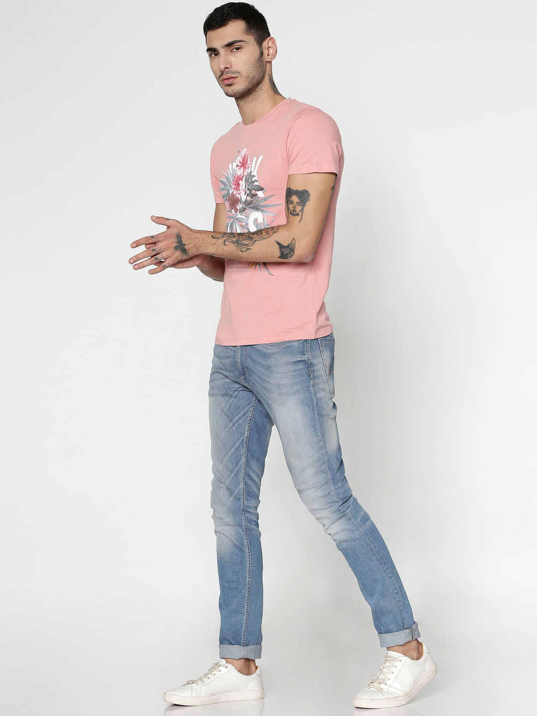 Pink Graphic Print Slim Fit Crew Neck T-Shirt