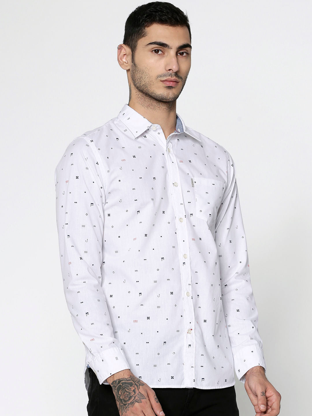 White All Over Printed Slim Fit Full Sleeves Shirt