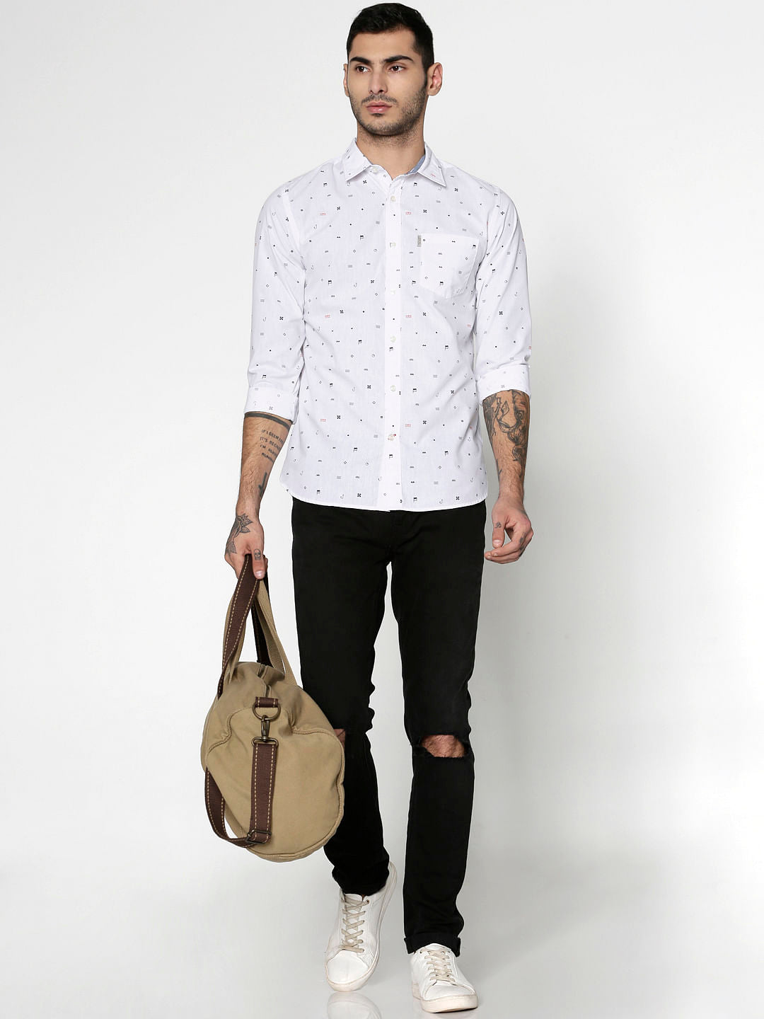 White All Over Printed Slim Fit Full Sleeves Shirt