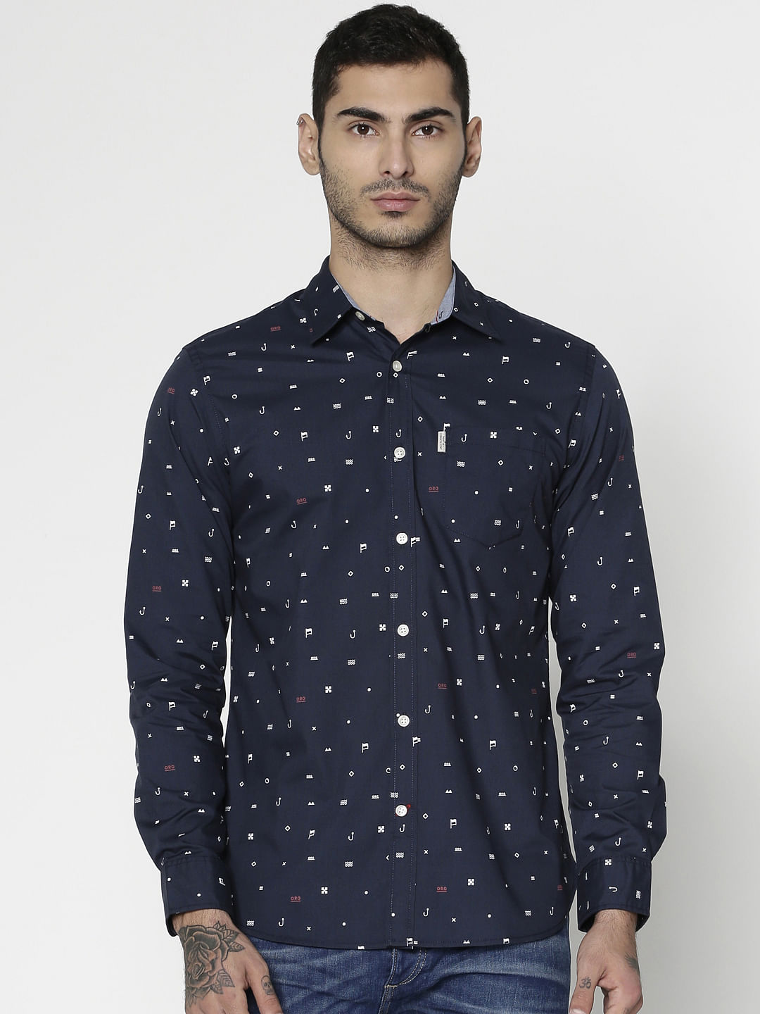 Blue All Over Printed Slim Fit Full Sleeves Shirt