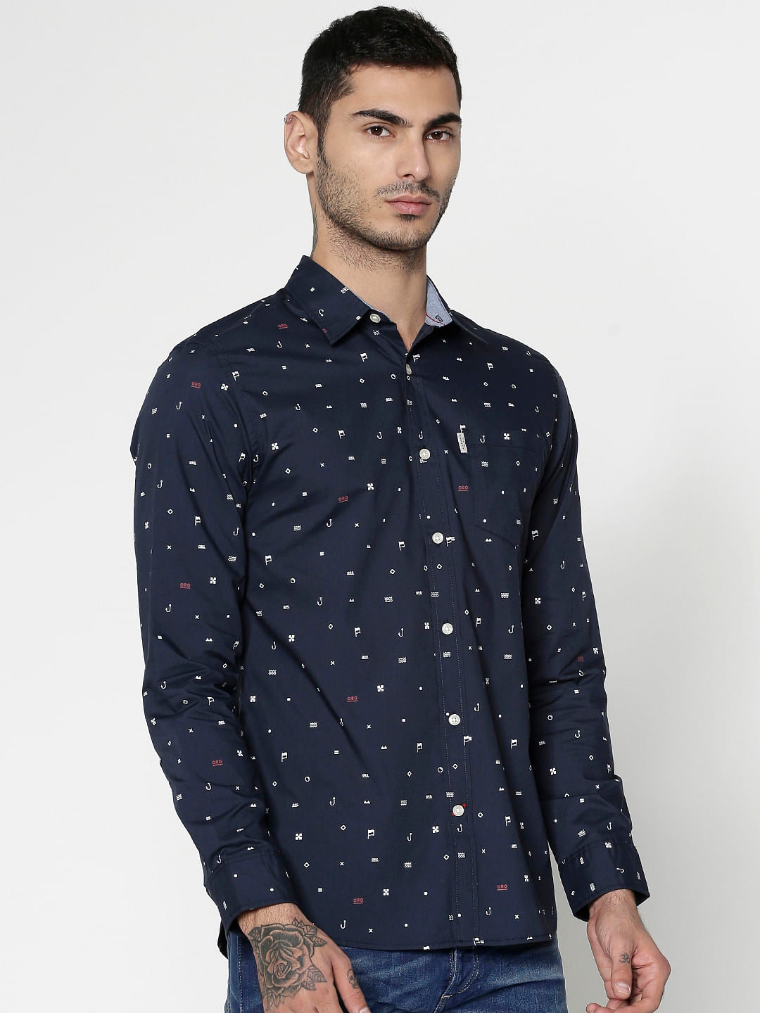 Blue All Over Printed Slim Fit Full Sleeves Shirt