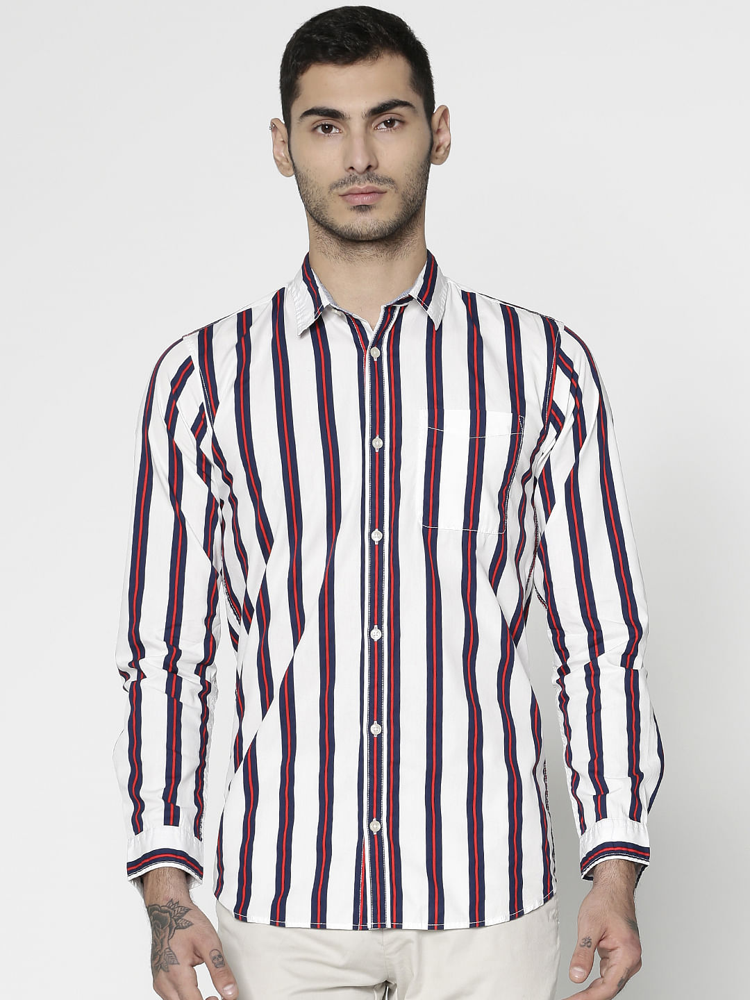 White Striped Slim Fit Full Sleeves Shirt