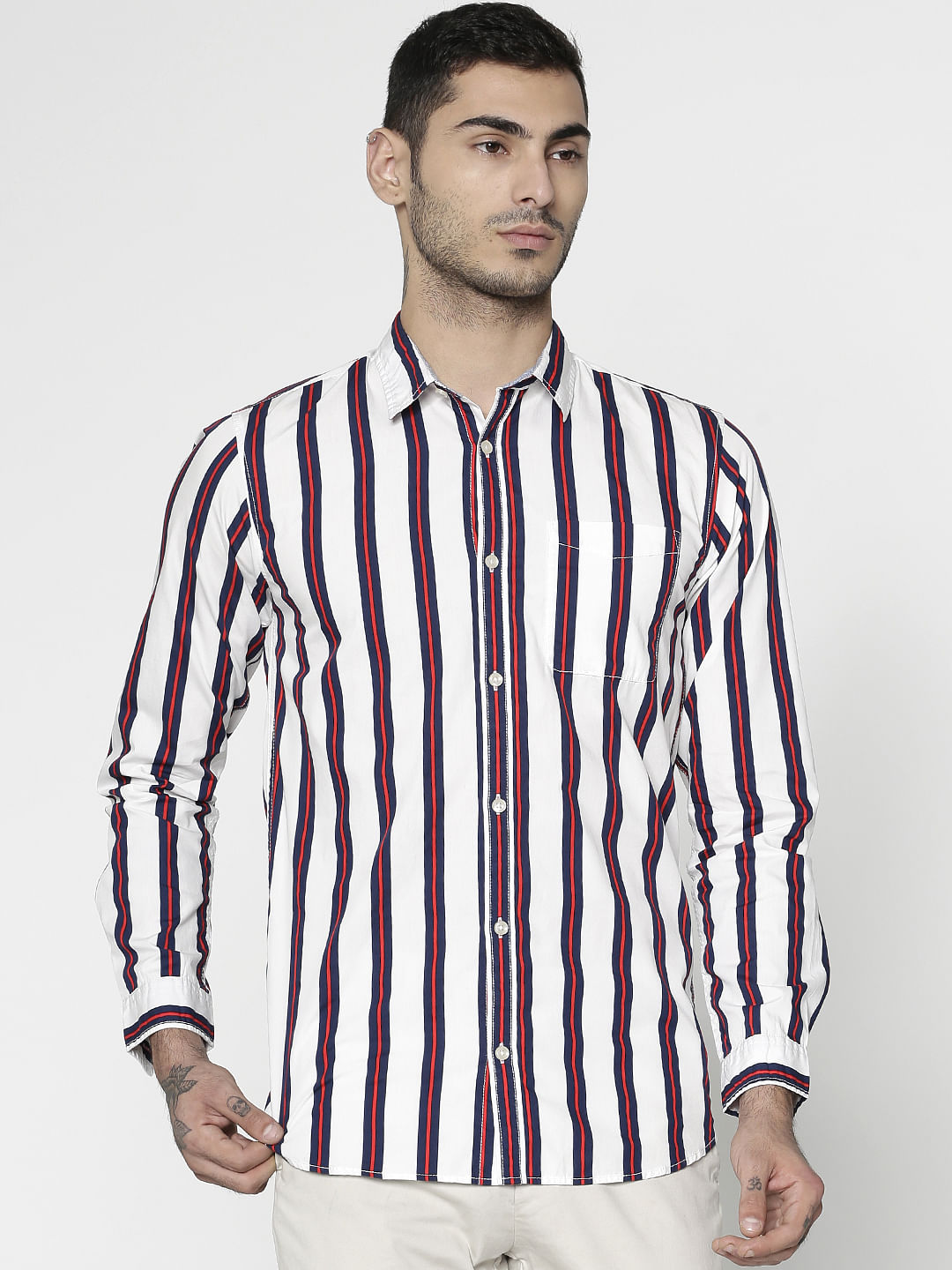 White Striped Slim Fit Full Sleeves Shirt