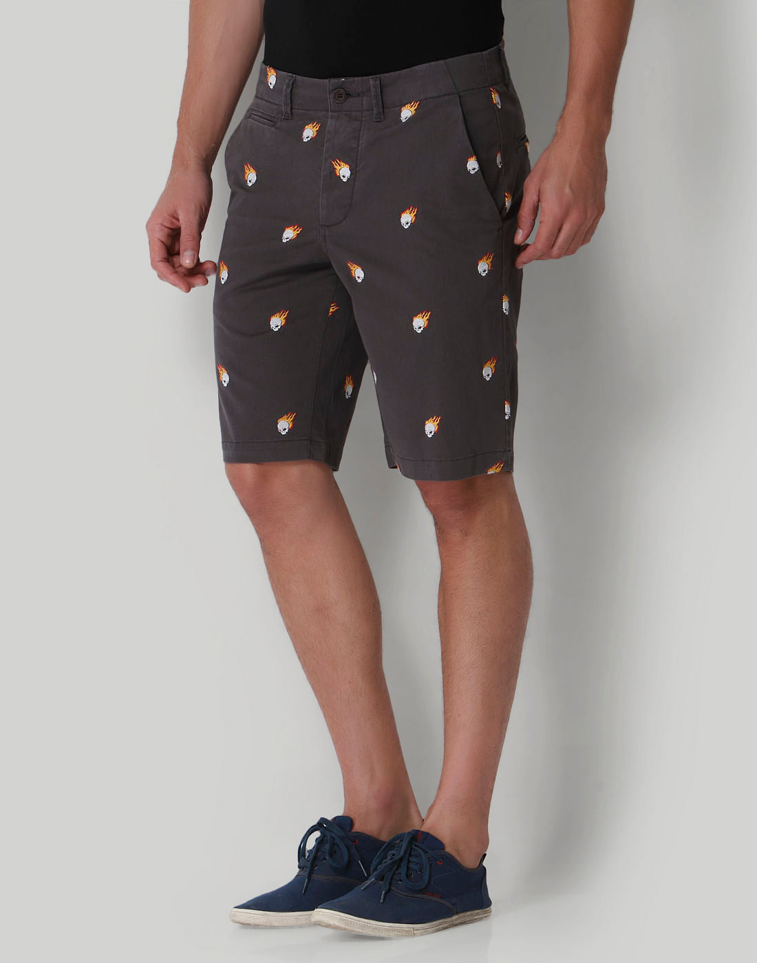 Grey Skull Print Regular Fit Shorts