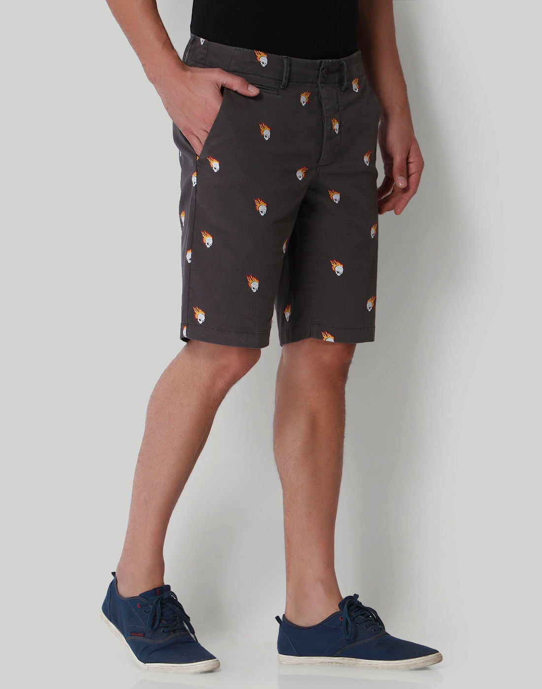 Grey Skull Print Regular Fit Shorts