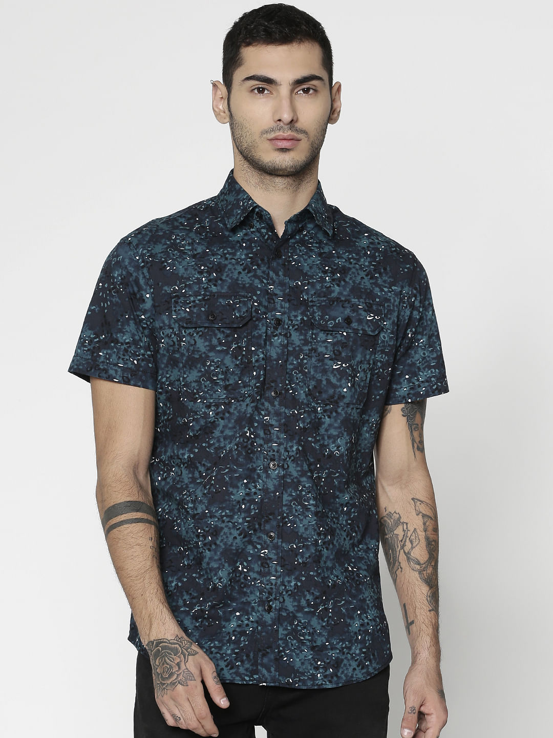 Blue All Over Leaf Print Slim Fit Short Sleeves Shirt