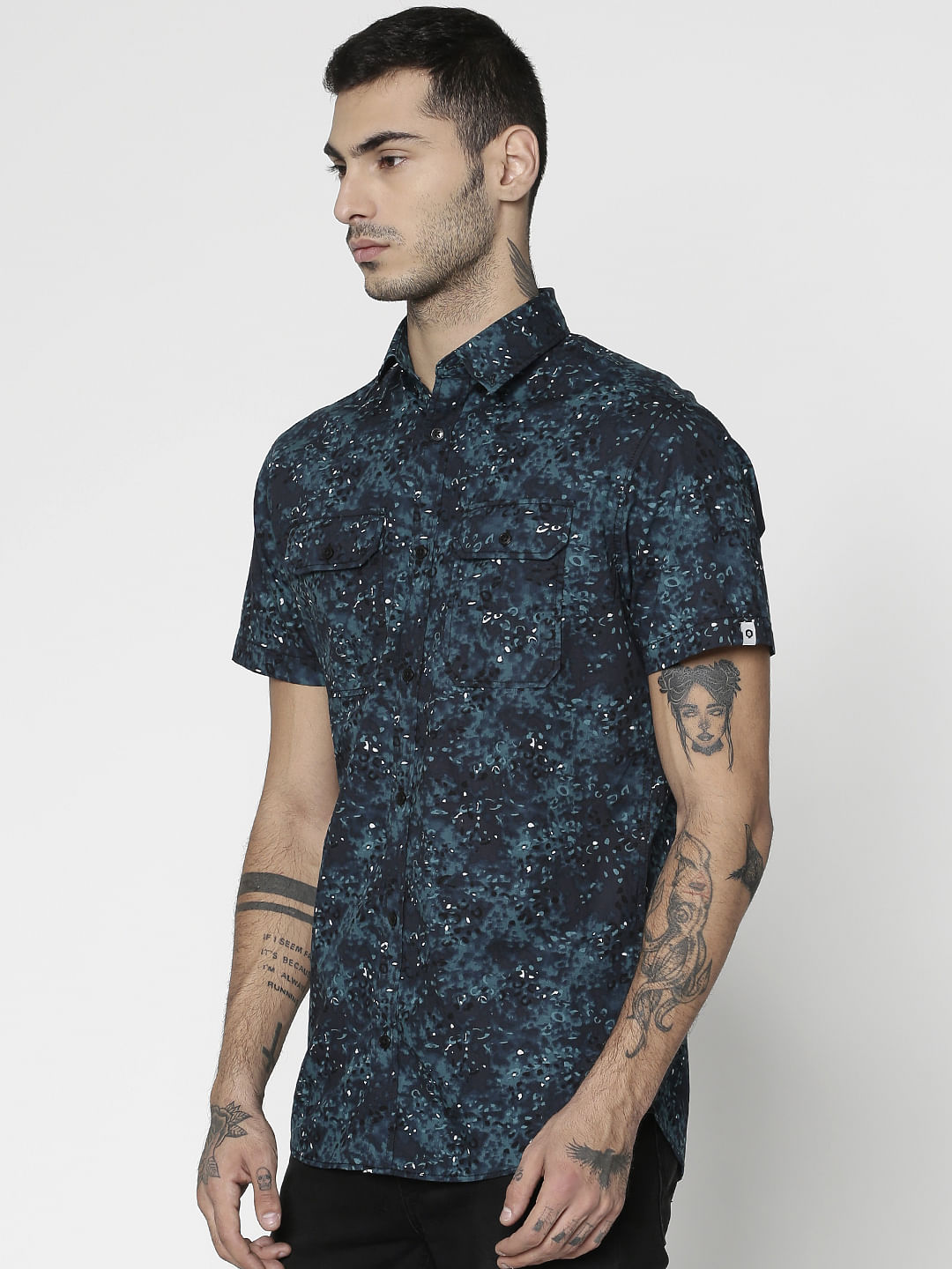 Blue All Over Leaf Print Slim Fit Short Sleeves Shirt