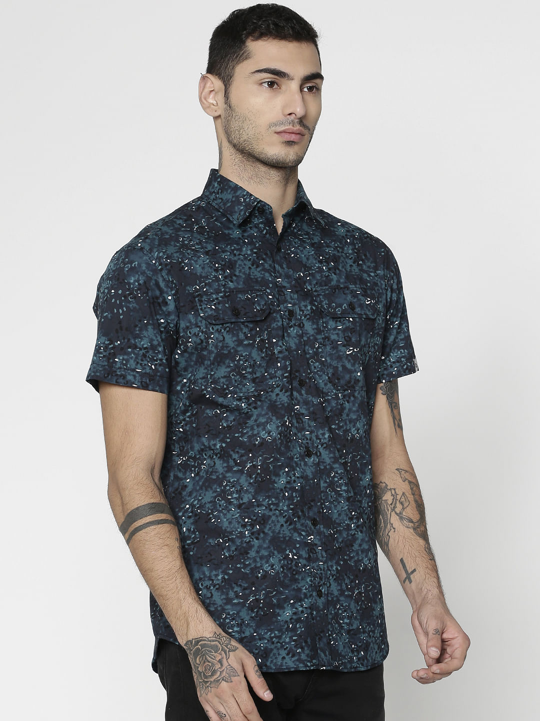 Blue All Over Leaf Print Slim Fit Short Sleeves Shirt