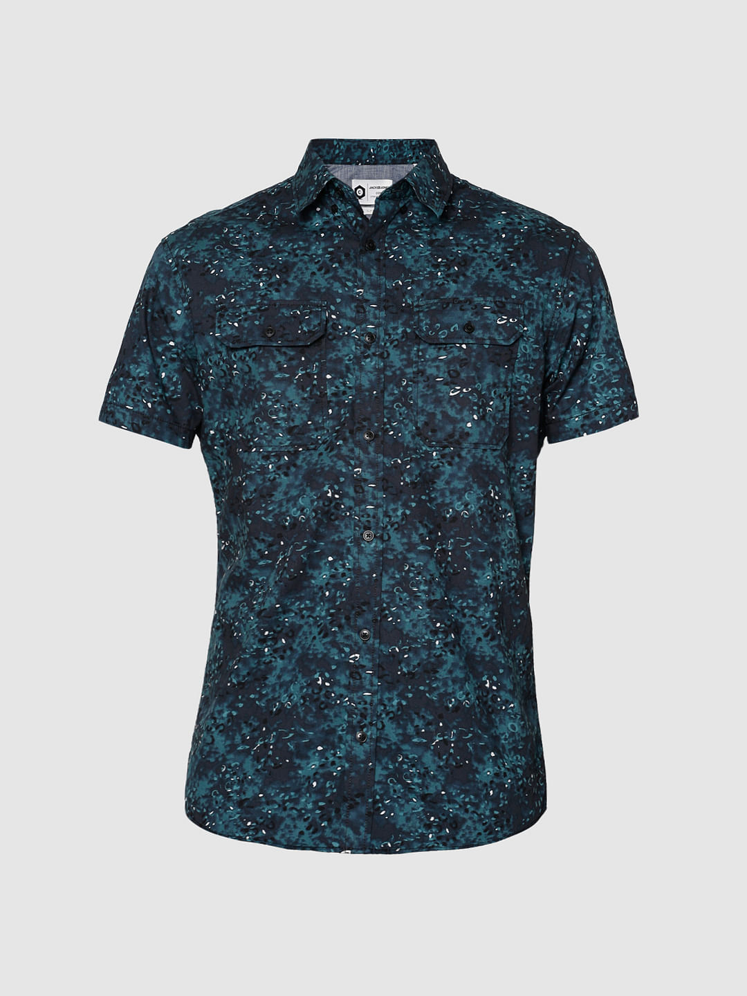 Blue All Over Leaf Print Slim Fit Short Sleeves Shirt