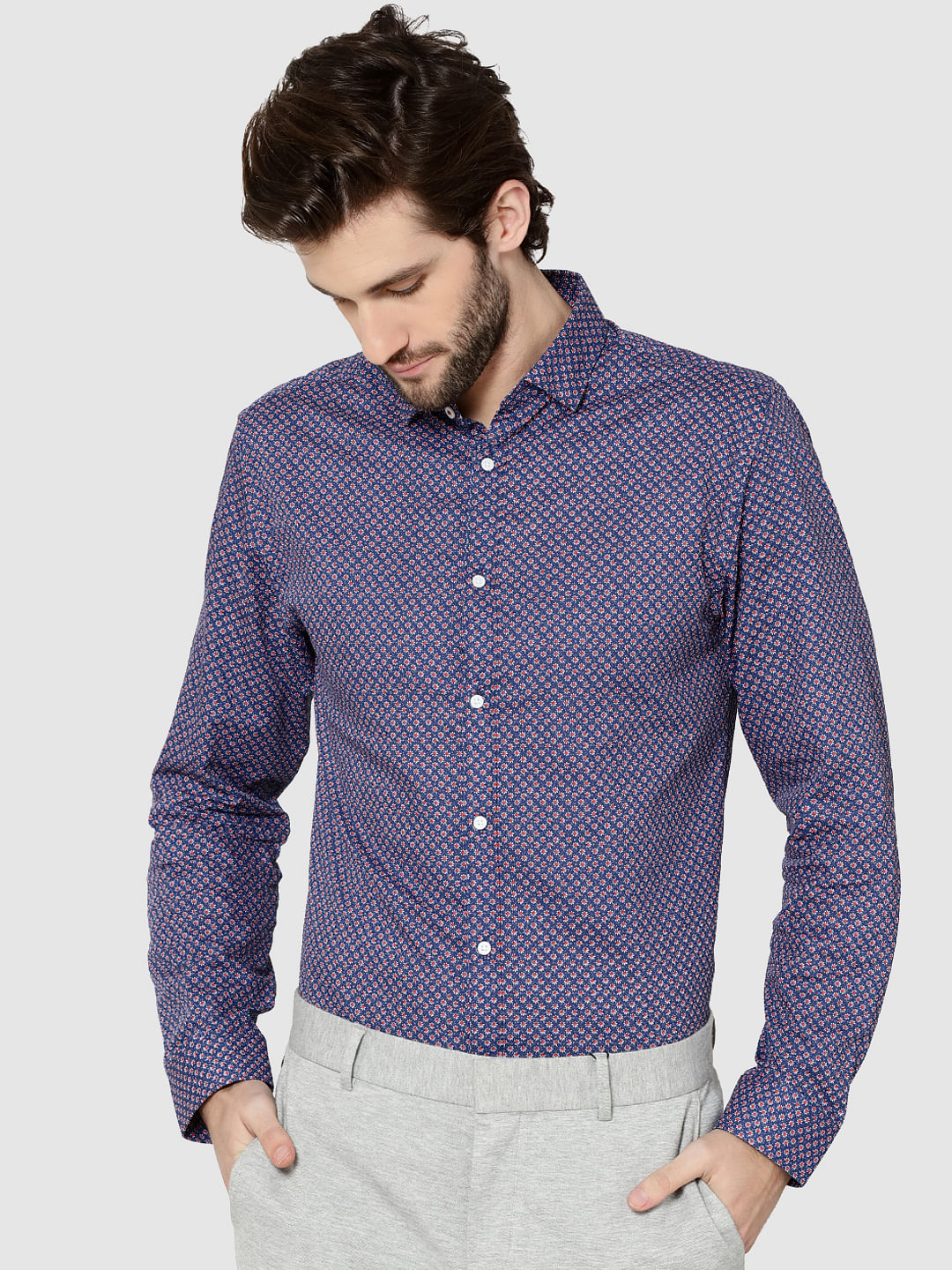 Blue All Over Print Full Sleeves Dobby Shirt