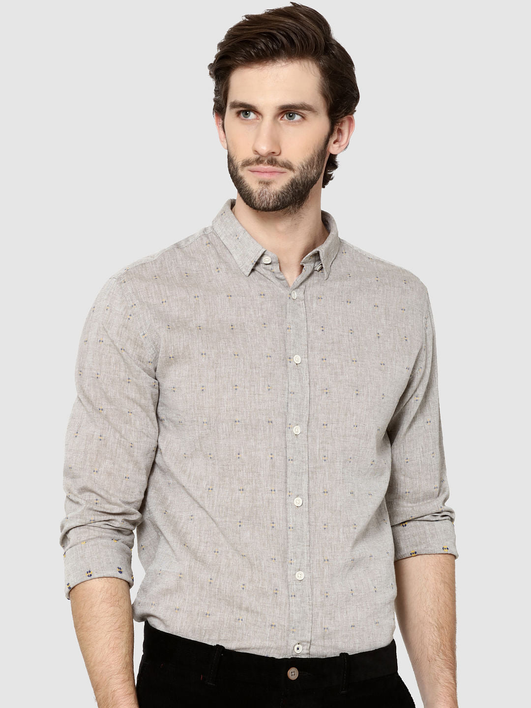 Beige All Over Printed Dobby Full Sleeves Shirt