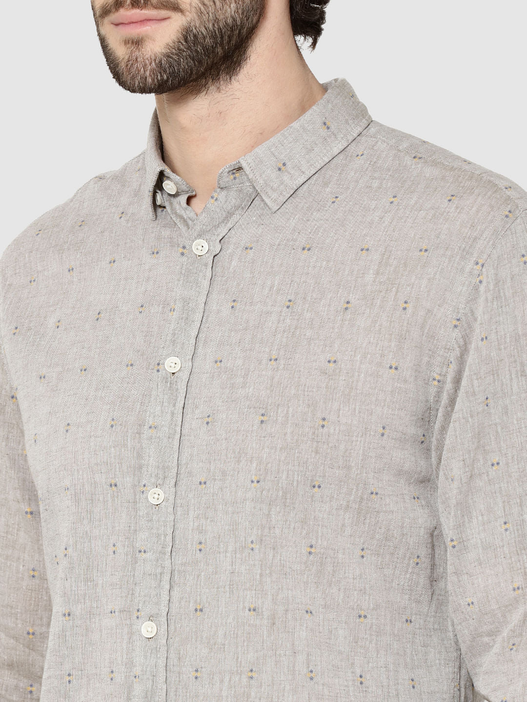 Beige All Over Printed Dobby Full Sleeves Shirt