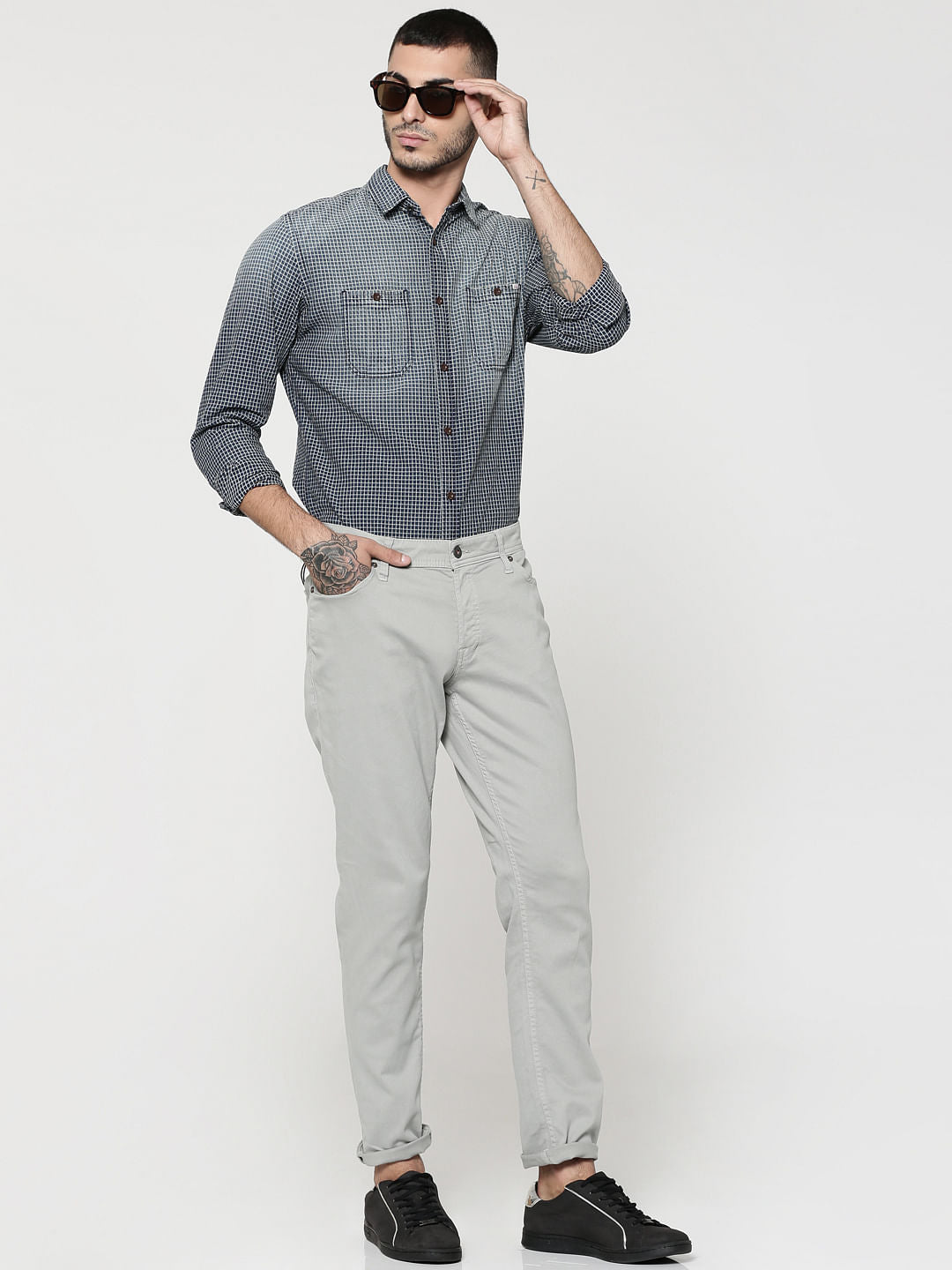 Dark Blue Full Sleeves Check Shirt
