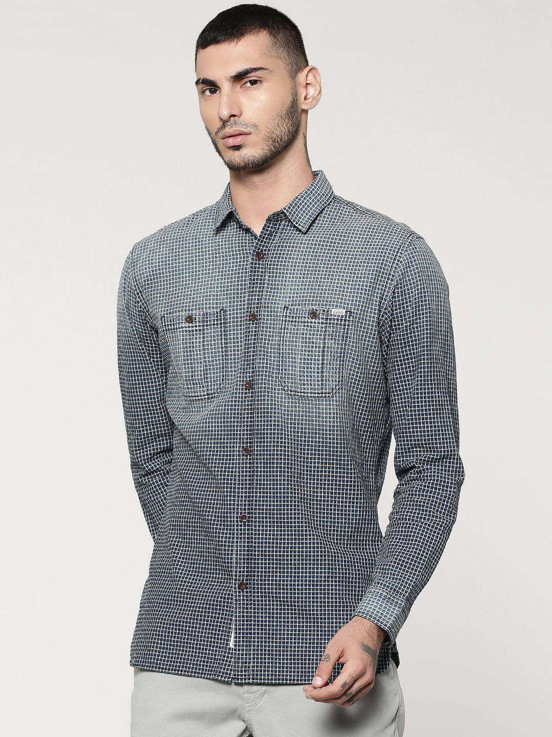 Dark Blue Full Sleeves Check Shirt