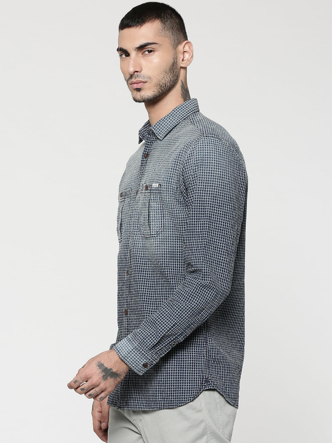 Dark Blue Full Sleeves Check Shirt