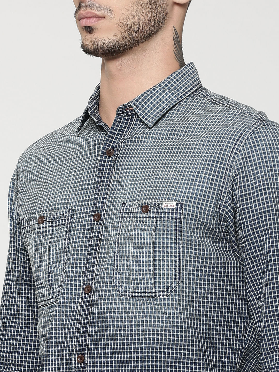 Dark Blue Full Sleeves Check Shirt
