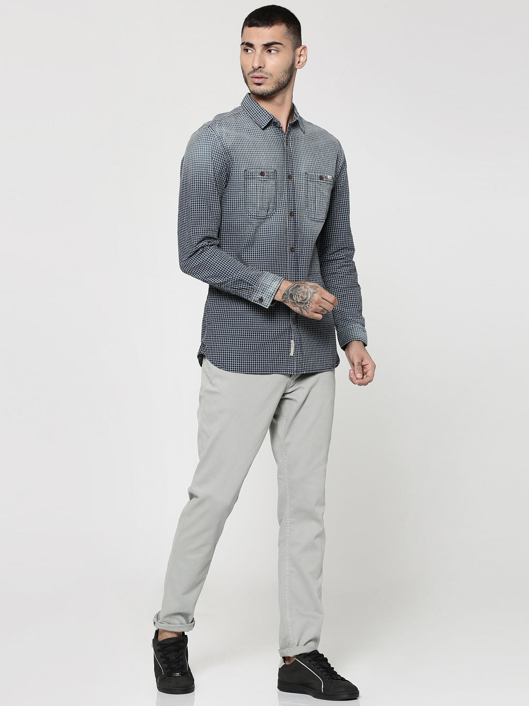 Dark Blue Full Sleeves Check Shirt