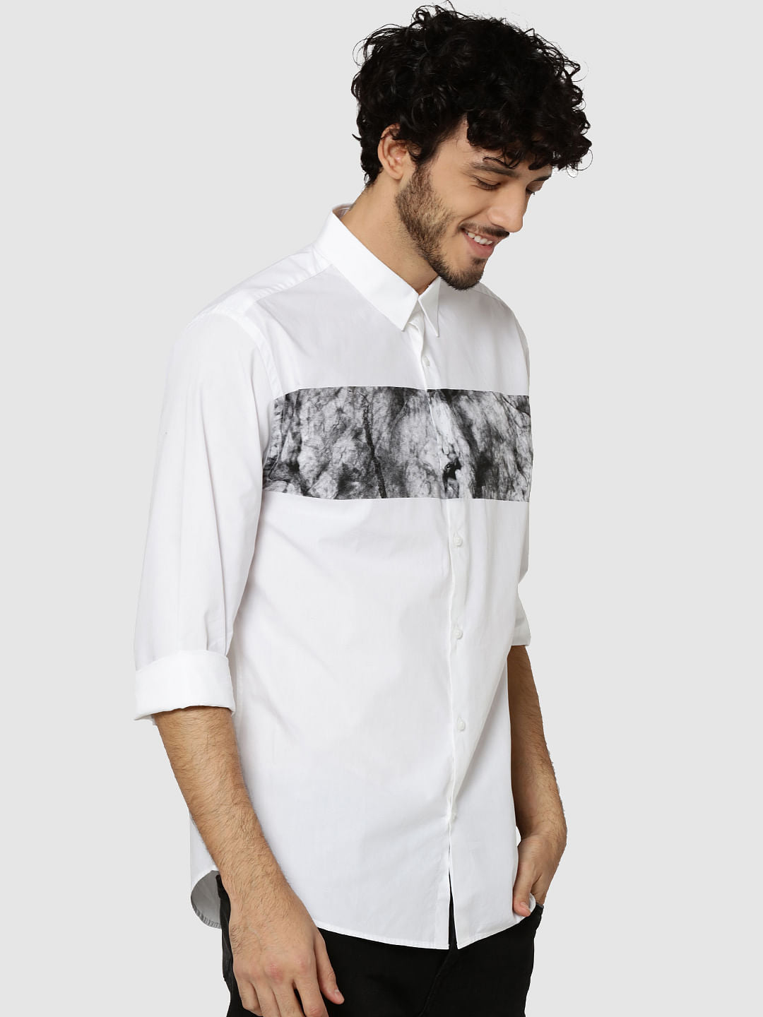 White Placement Print Full Sleeves Slim Fit Shirt