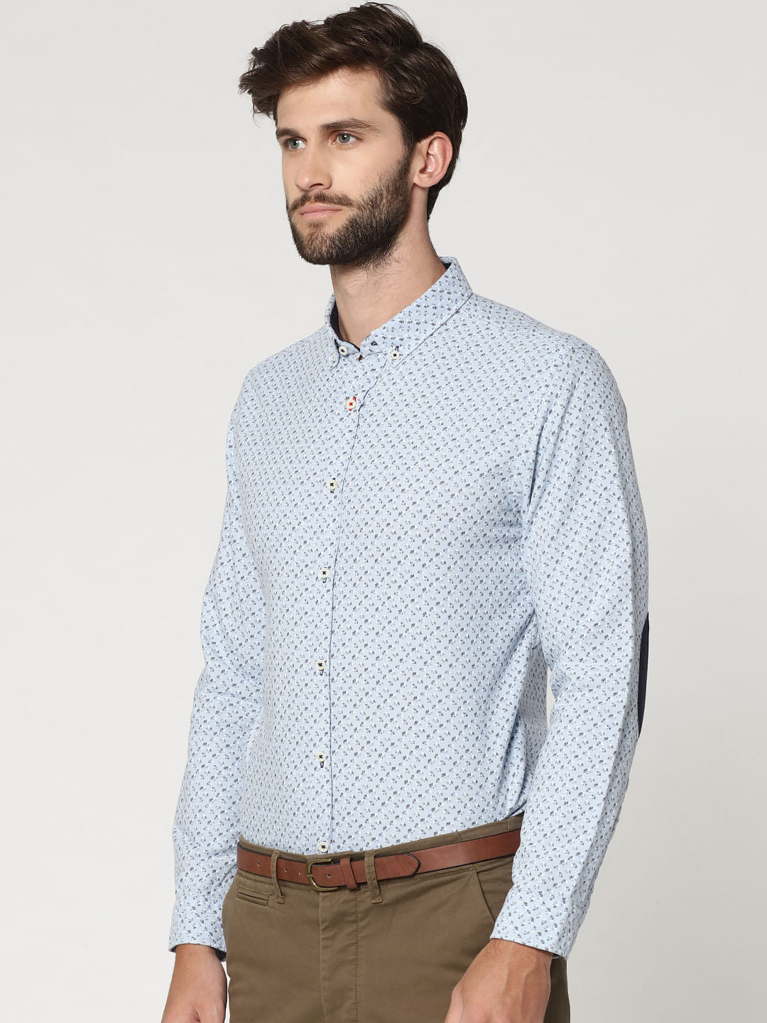 Light Blue All Over Print Elbow Patch Full Sleeves Shirt