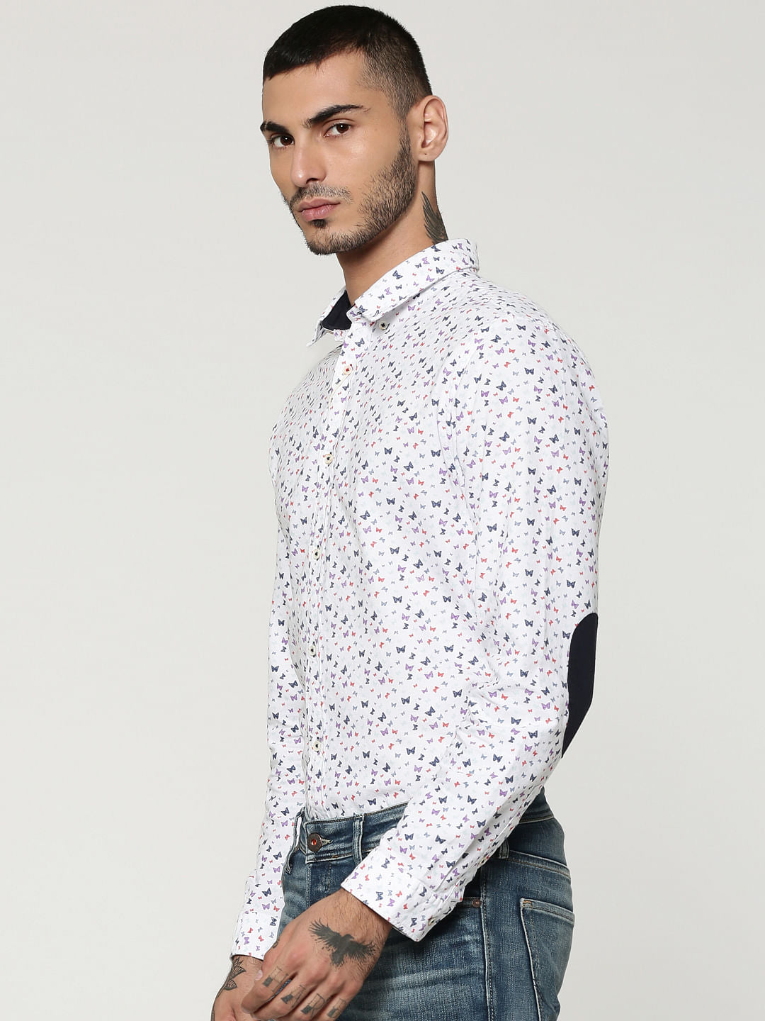White All Over Butterfly Print Elbow Patch Slim Fit Shirt