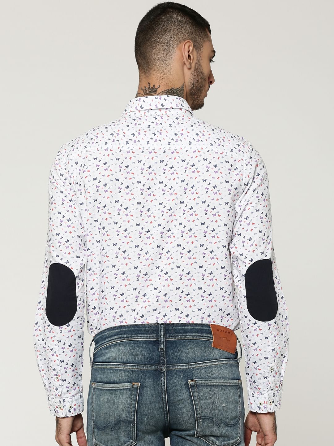 White All Over Butterfly Print Elbow Patch Slim Fit Shirt