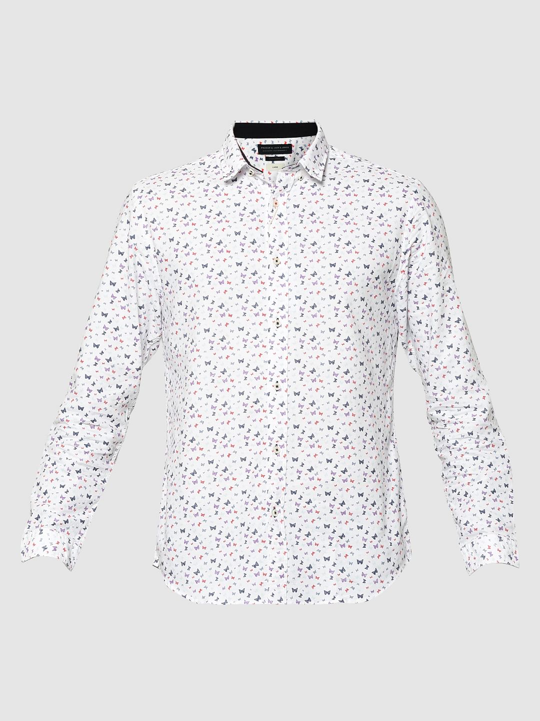 White All Over Butterfly Print Elbow Patch Slim Fit Shirt