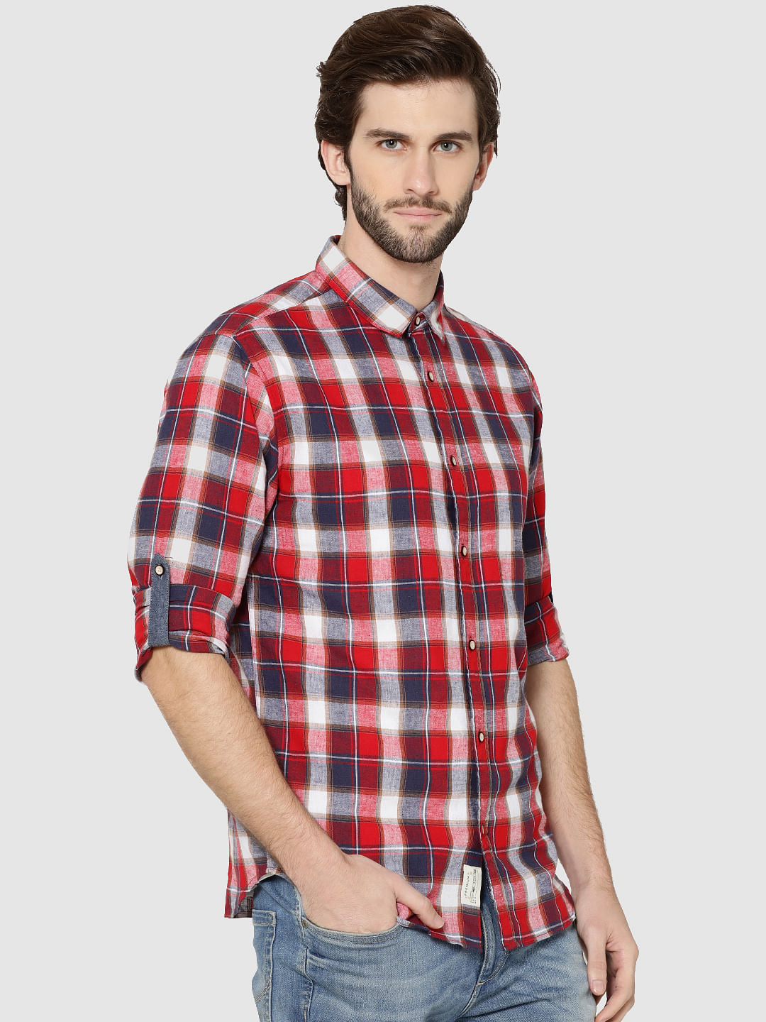 Red Check Full Sleeves Slim Fit Shirt