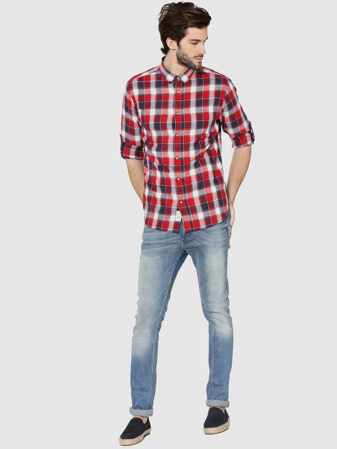 Red Check Full Sleeves Slim Fit Shirt