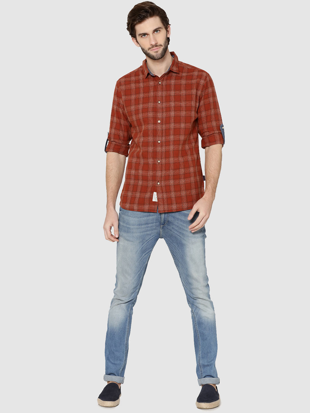 Brown Check Full Sleeves Slim Fit Shirt