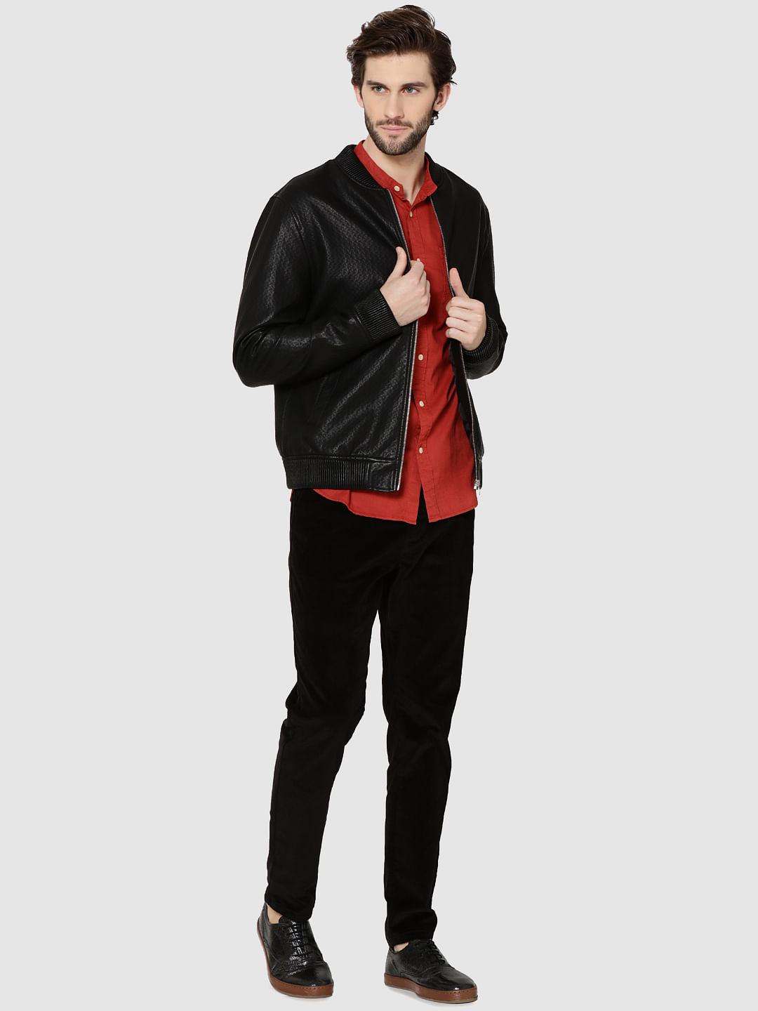 Red Mandarin Collar Full Sleeves Slim Fit Shirt