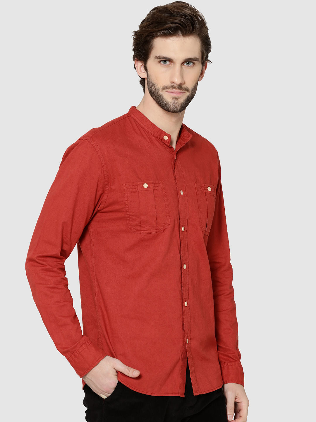 Red Mandarin Collar Full Sleeves Slim Fit Shirt