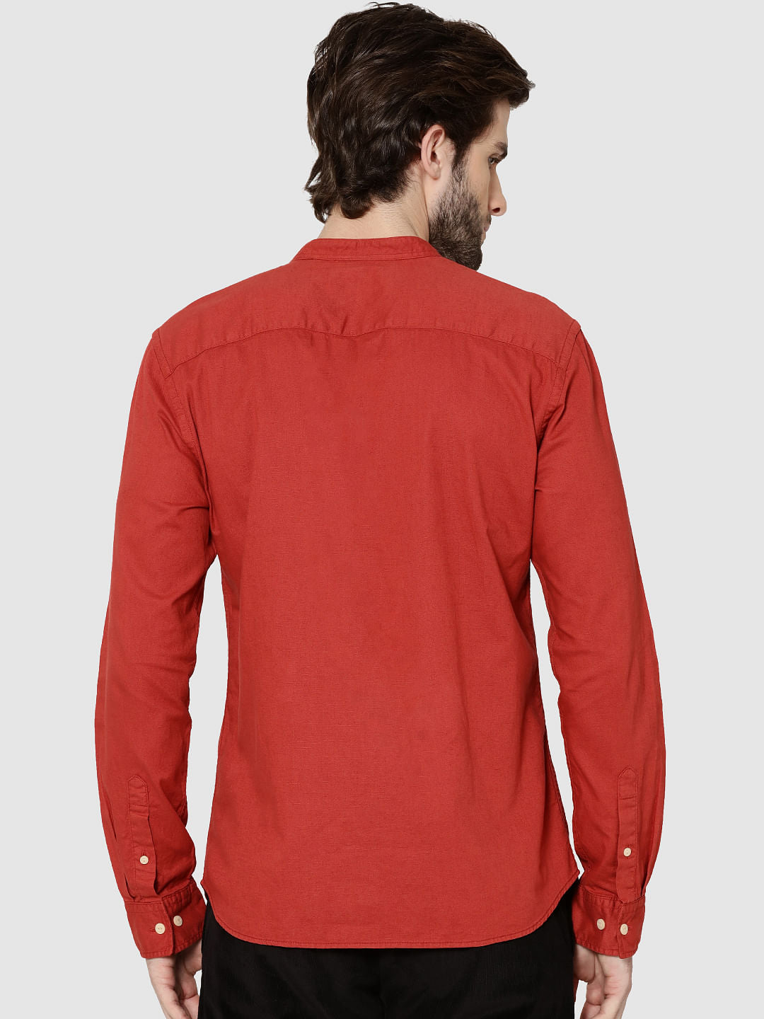 Red Mandarin Collar Full Sleeves Slim Fit Shirt