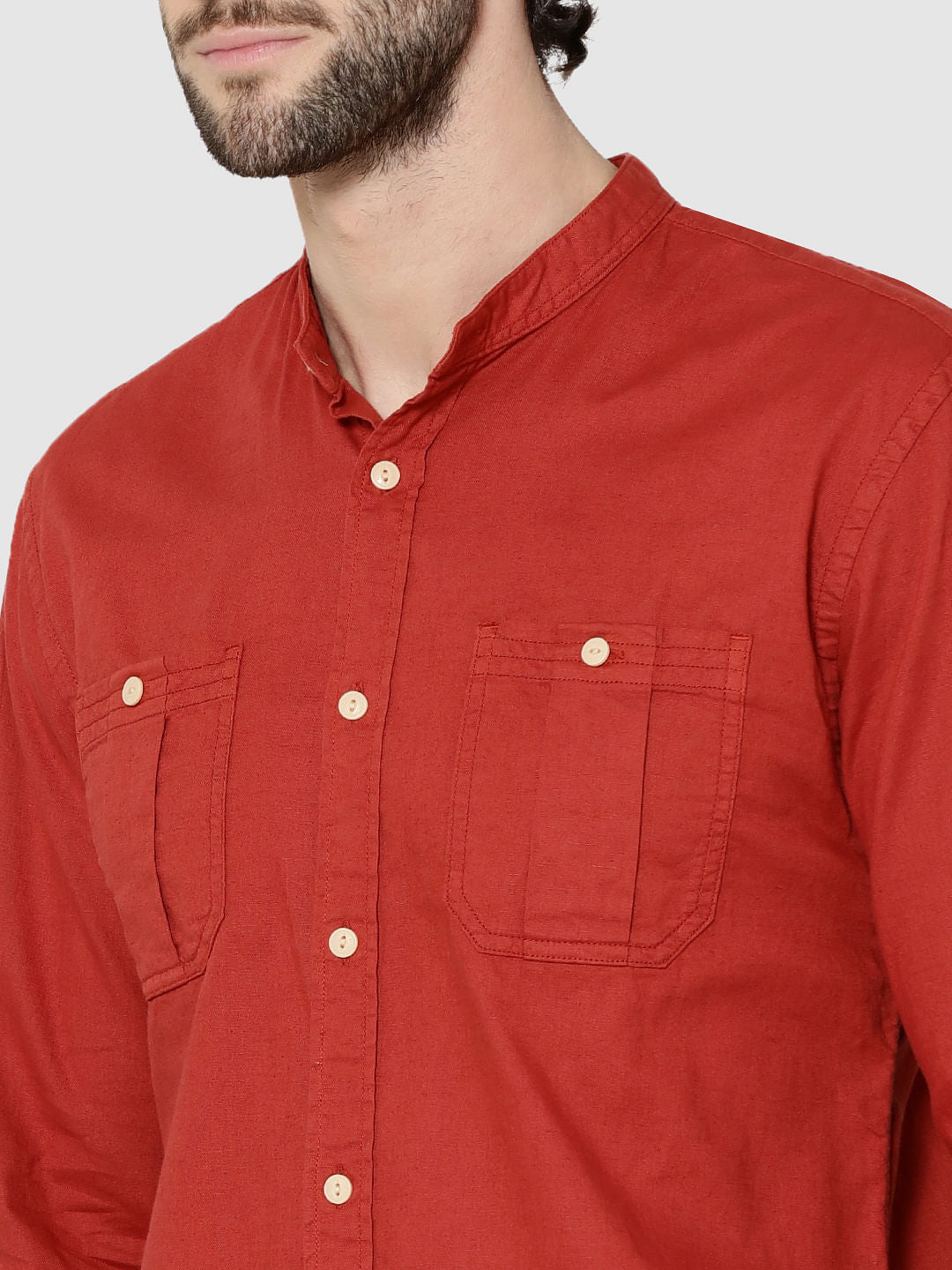 Red Mandarin Collar Full Sleeves Slim Fit Shirt