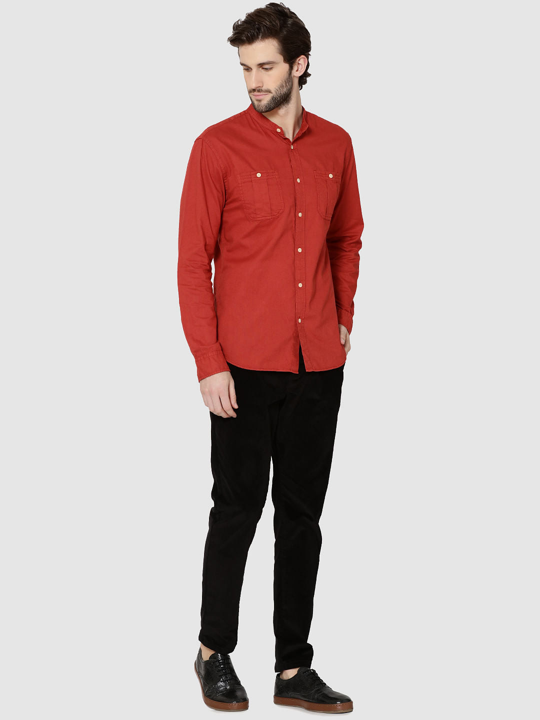 Red Mandarin Collar Full Sleeves Slim Fit Shirt