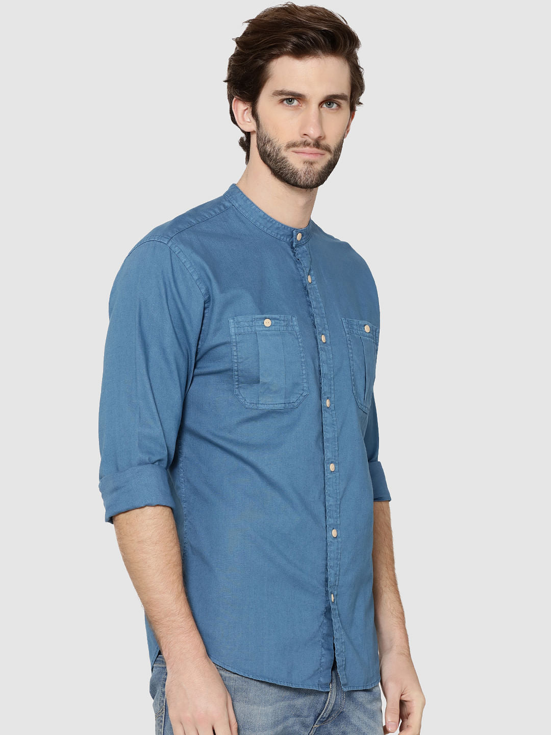 Blue Mandarin Collar Full Sleeves Slim Fit Shirt