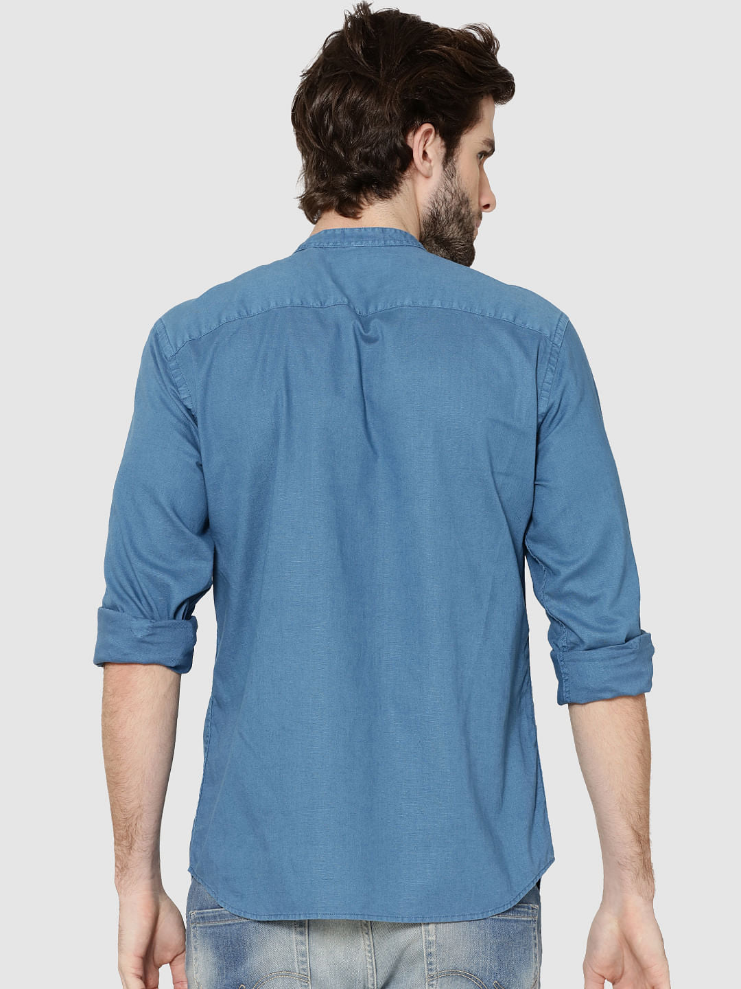 Blue Mandarin Collar Full Sleeves Slim Fit Shirt