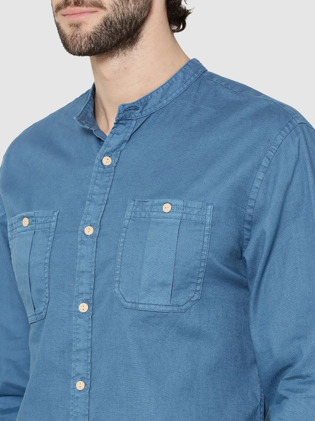 Blue Mandarin Collar Full Sleeves Slim Fit Shirt